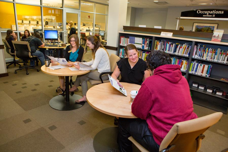 A group of people sitting in the Career Center